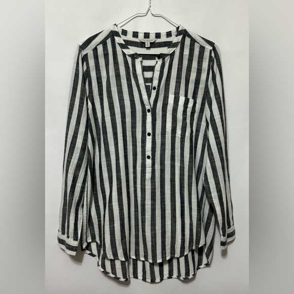 Lucky Brand Striped Tunic Mandarin Collar Top Henley Roll Tab Sleeves Medium - Picture 3 of 9